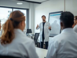 szkolenie pracownikow produkcji grupa pracownikow produkcji w odziezy laboratoryjnej szkolenie haccp w sali konferencyjnej trener przy flipcharcie profesjonalna atmosfera realistyczne zdjecie 1.jpg