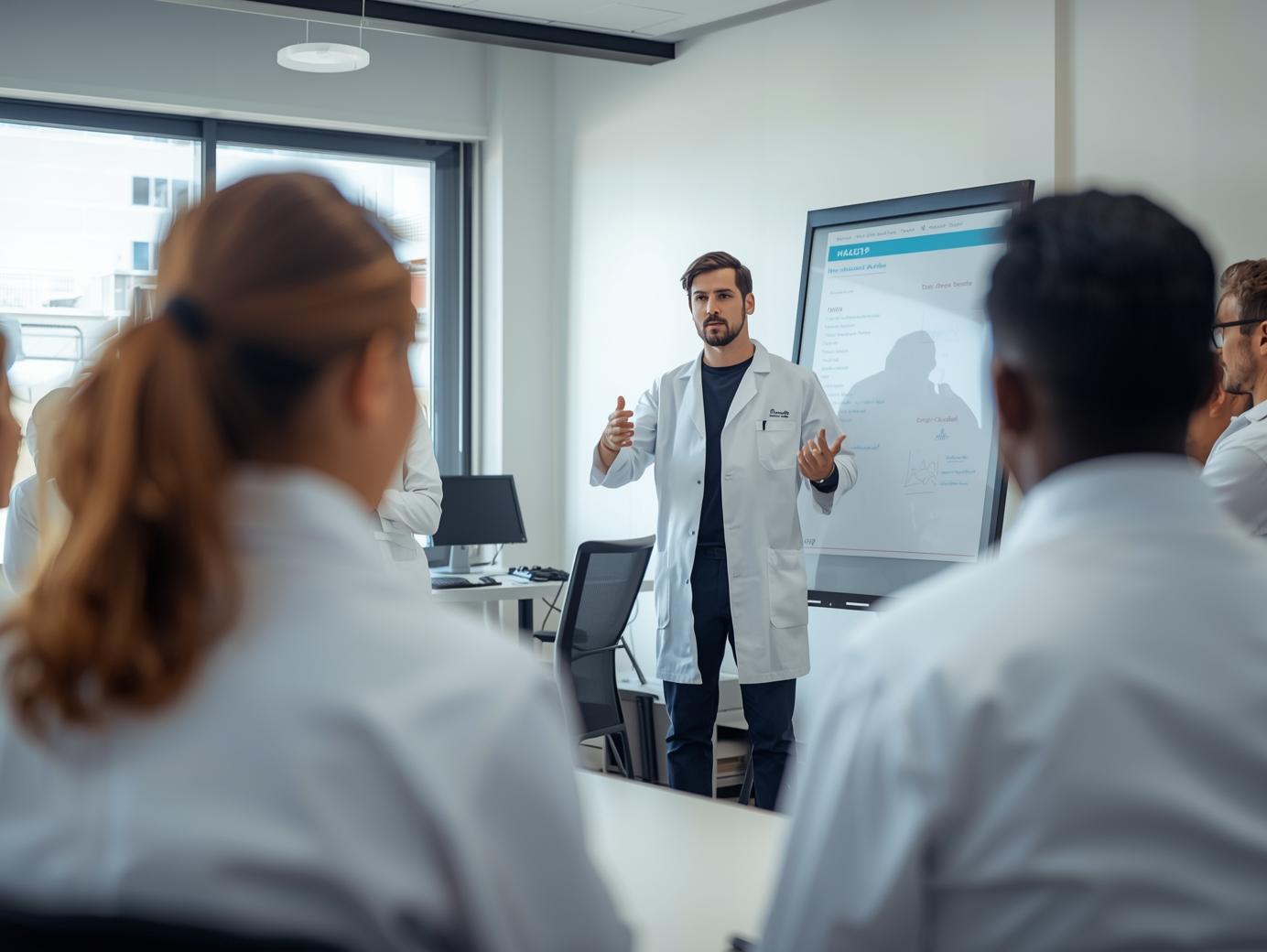 szkolenie pracownikow produkcji grupa pracownikow produkcji w odziezy laboratoryjnej szkolenie haccp w sali konferencyjnej trener przy flipcharcie profesjonalna atmosfera realistyczne zdjecie 1.jpg