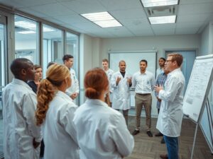 szkolenie pracownikow produkcji grupa pracownikow produkcji w odziezy laboratoryjnej szkolenie haccp w sali konferencyjnej trener przy flipcharcie profesjonalna atmosfera realistyczne zdjecie.jpg