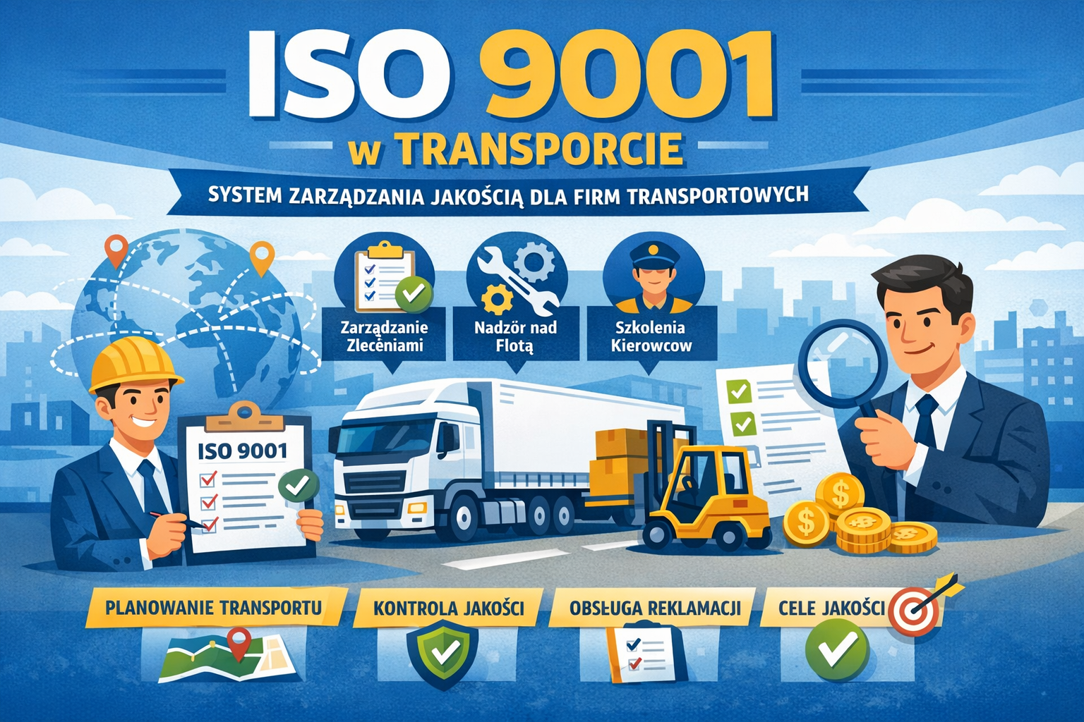 iso 9001 transport, iso 9001 dla firmy transportowej, system zarządzania jakością transport, iso w logistyce